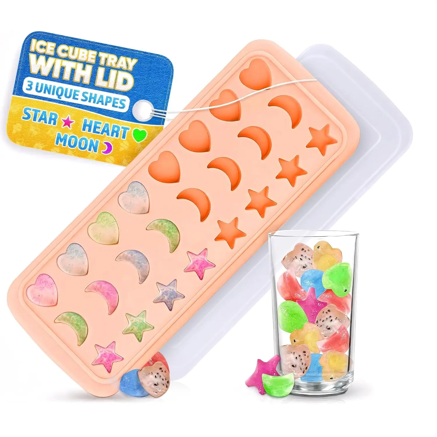 

3-in-1 Silicone Ice Cube Tray – Stars, Moons & Hearts, 24 Cavities, Flexible, Reusable for Cocktails & Parties
