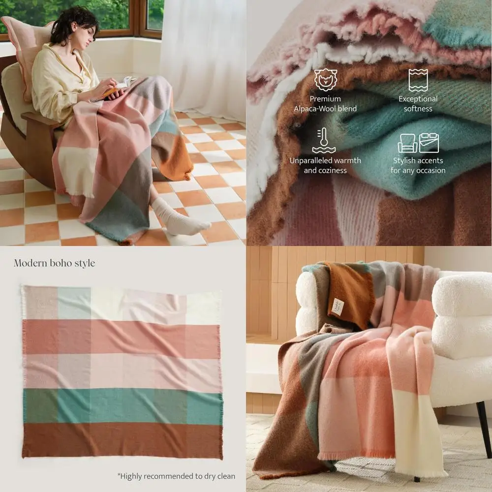 Koc z wełny alpaki - Przytulny i stylowy pled na kanapę, jesienny wzór w kratę, idealny prezent na Dzień Matki, 50x60 Harvest Multi