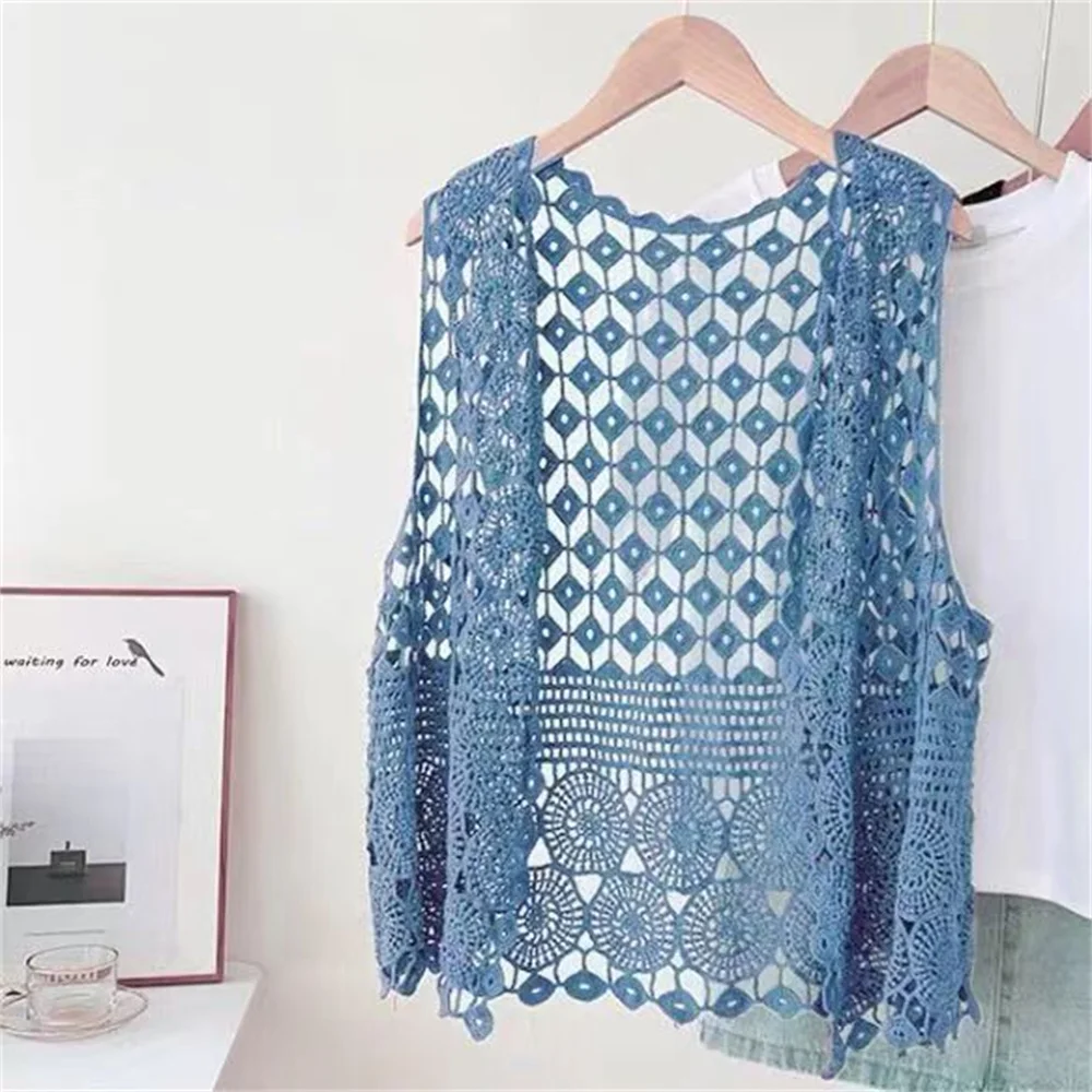 Fashion Solid Vests Women V-neck Embroidered Korean Style Sleeveless Cardigans Casual Hollow Out Design Waistcoats for Women