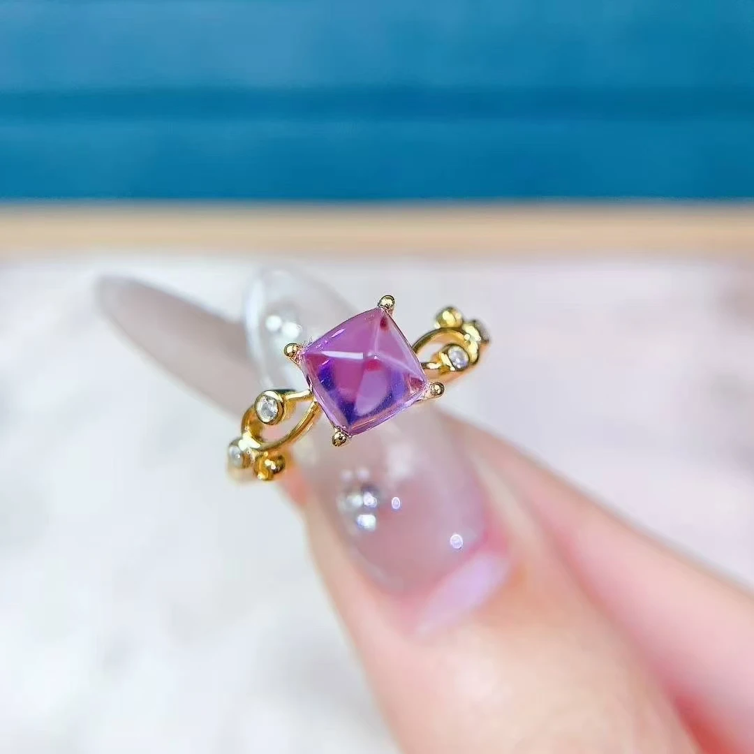 

Pure Amethyst Ring 6mm 1ct Sugar Loaf Natural Amethyst Silver Ring for Engagement Thick 18K Gold Plated Gemstone Jewelry