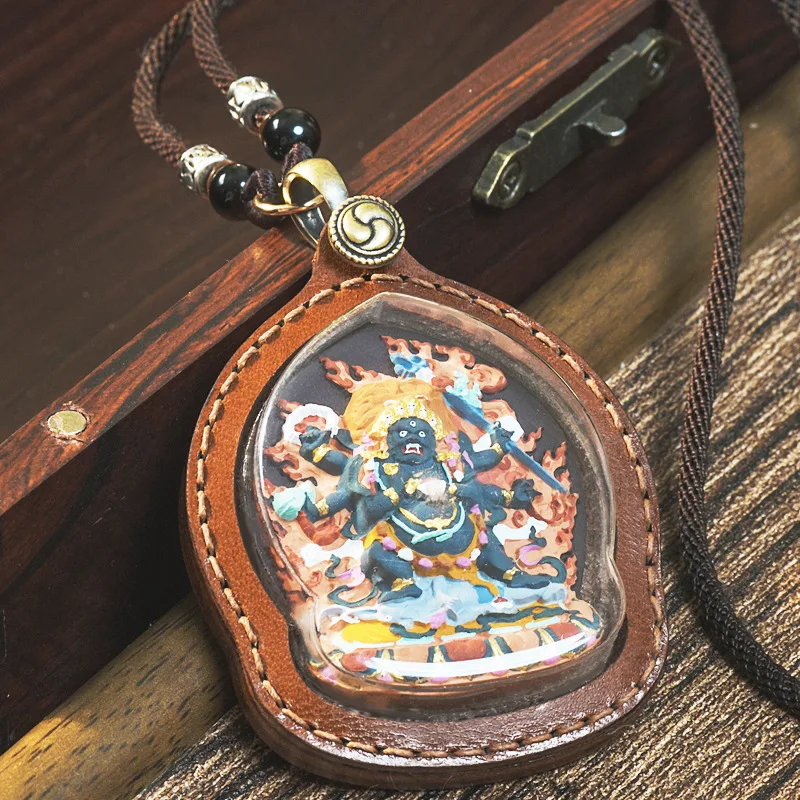Vintage Cowhide Painted Wipe Thangka Pendants Handmade Brass Necklace Tibetan Style Gawu Box Talisman Jewelry