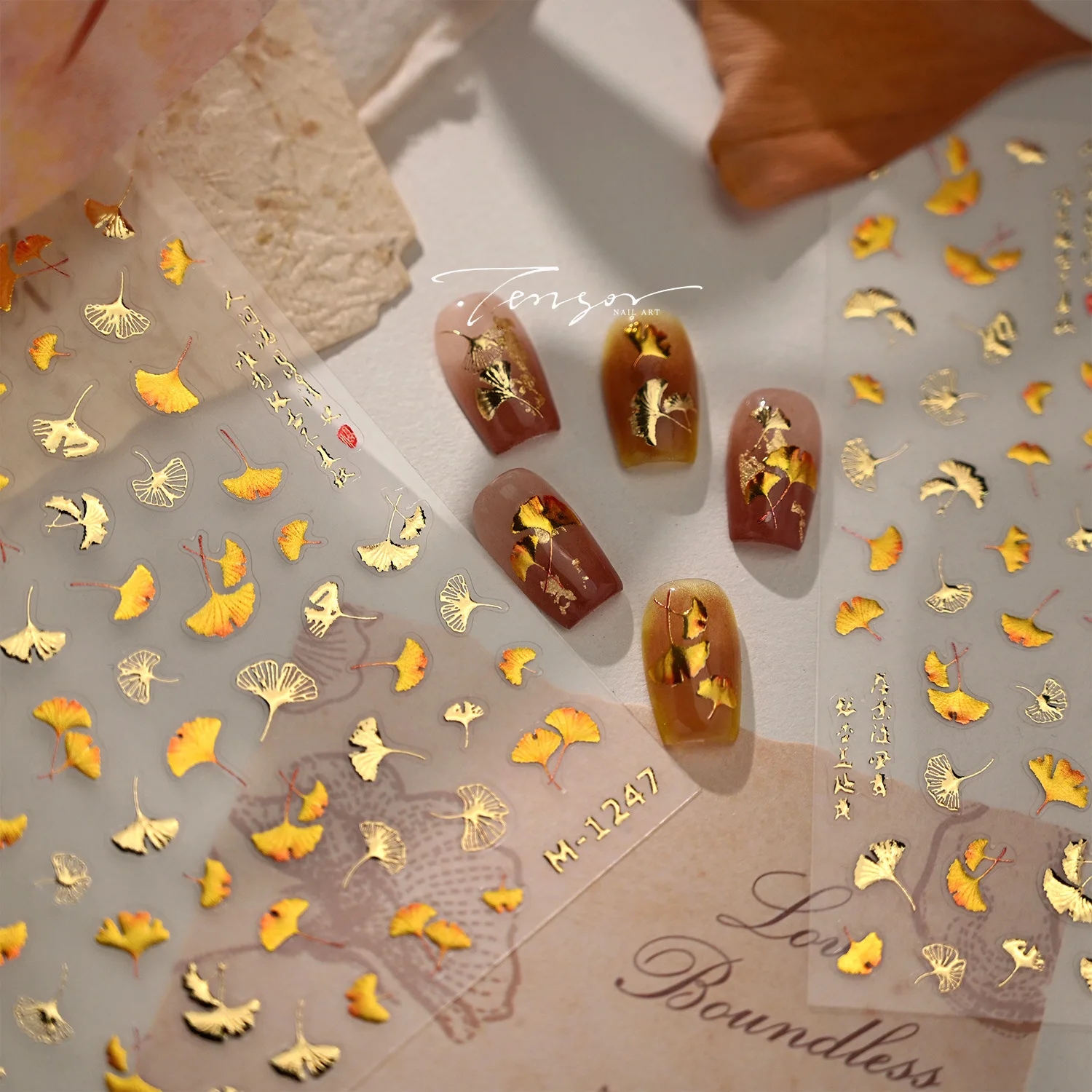 5D Relief Shiny Golden Jelly Autumn Maple Leaf Story Adhesive Nail Art Stickers Fallen Gingko Leaves Decals Manicure Accessories