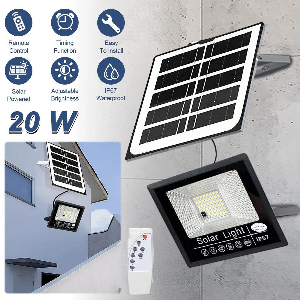 Reflector con control remoto de 50 W con energía solar - Foco impermeable IP67 + kit de luces de pared con reflector