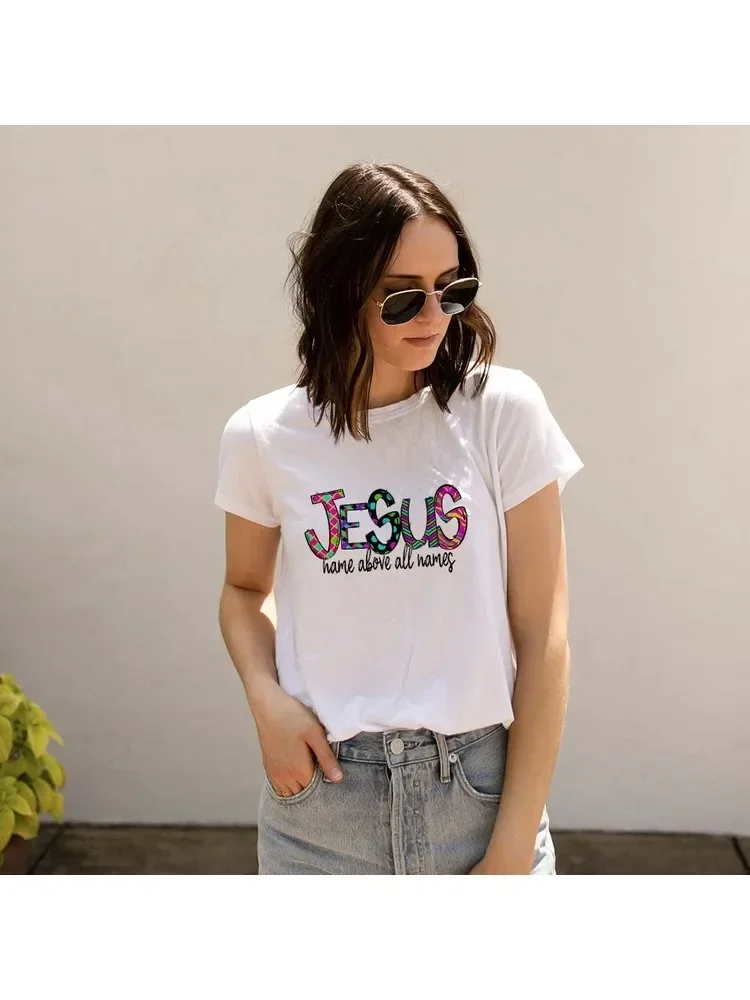 Aesthetic Harajuku Vintage Short Sleeve Jesus Name Above All Names Graphic Tees Women Summer Female Faith T Shirt Christian Tops