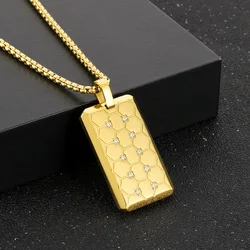 316L Stainless Steel Gold Color Bee Grid Pattern Crystal Rectangle Pendant Necklace For Men Hip Hop Square Dog Tag Jewelry Gift