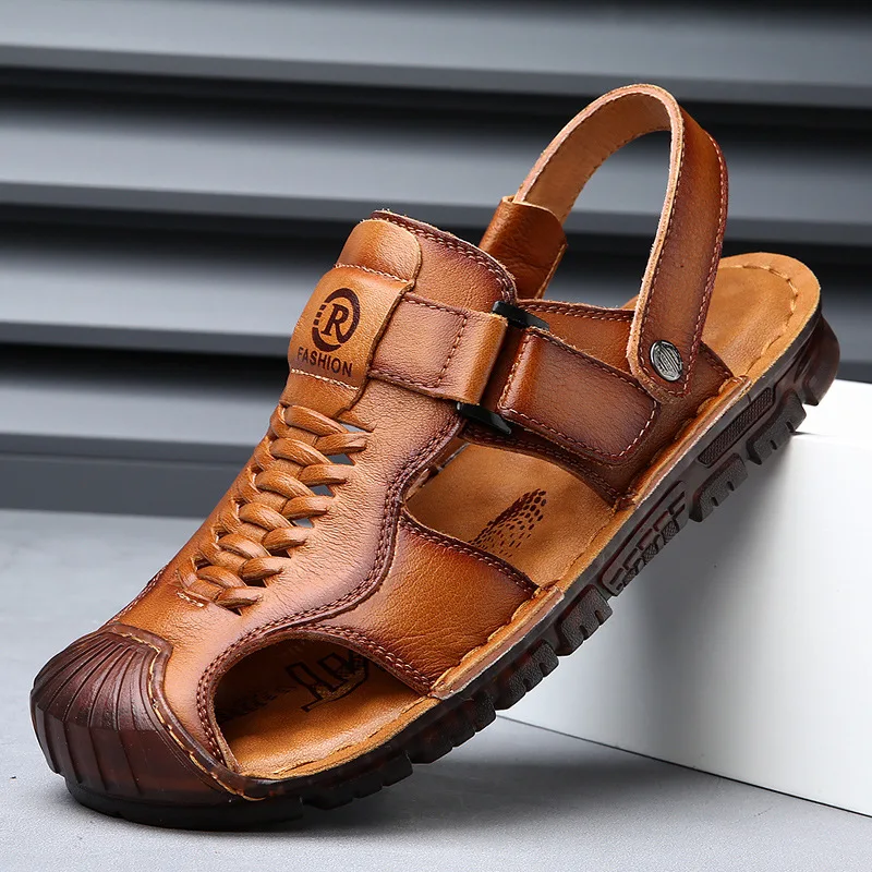 

Baotou Sandals for Men 2026 Summer Top Layer Cowhide Casual Beach Shoes for Men Anti Slip Cowhide Sole Hollow Out Men's Shoes