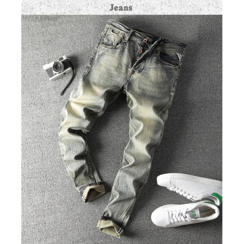Classic Retro Men's Washed Worn Jeans Men's High-End Fashion Brand American Slim Straight Stretch Motorcycle Tappered Pants
