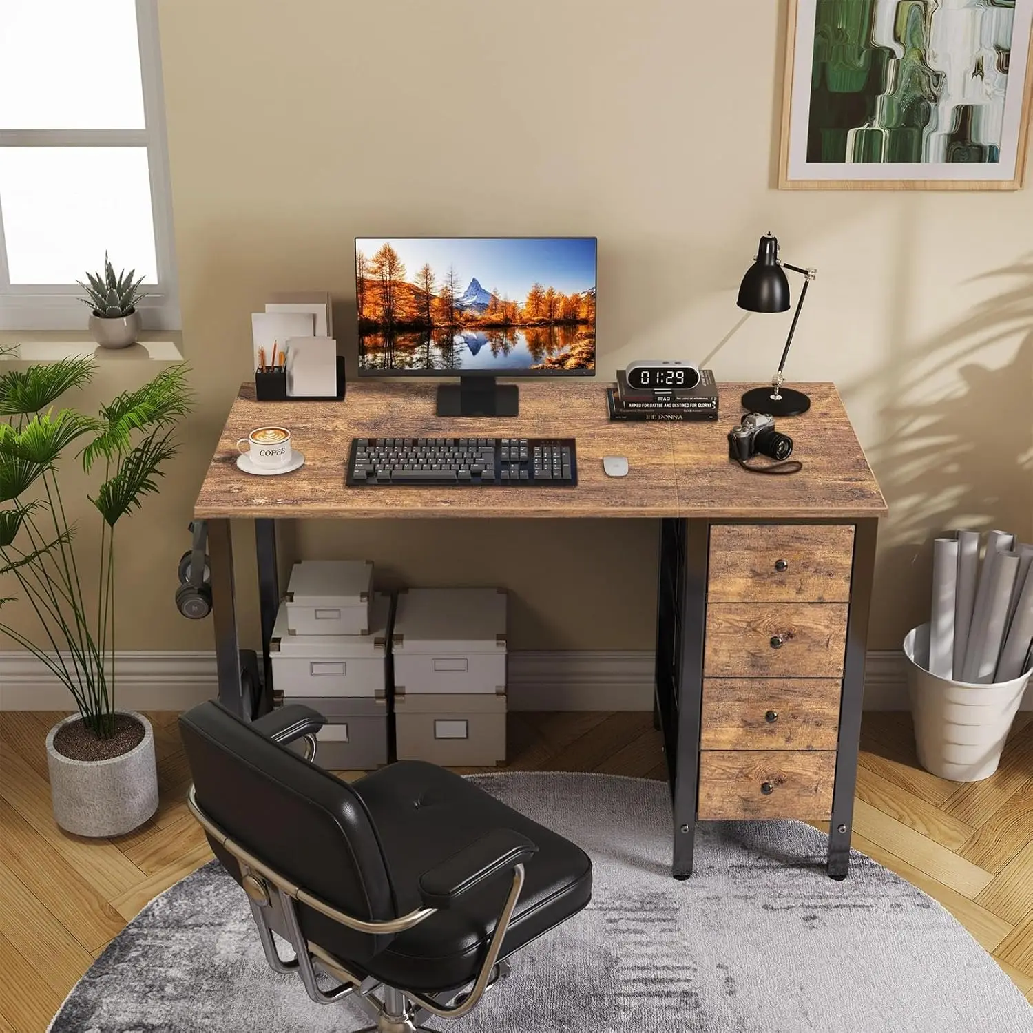 Computer Desk Rustic Brown Wood 47 inch Reversible, with Drawers All Seasons Brown
