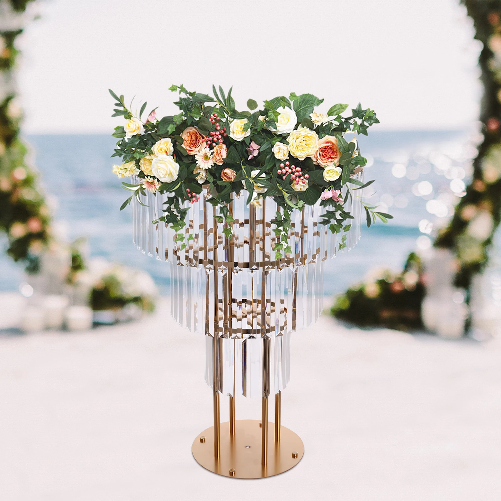 3 Tier Gold Wedding Centerpiece Stand 90cm, Crystal Flower Vase Holder with Hanging Pendants, 17.64lbs Load Capacity for Wedding Party Backdrop Decor (Gold)