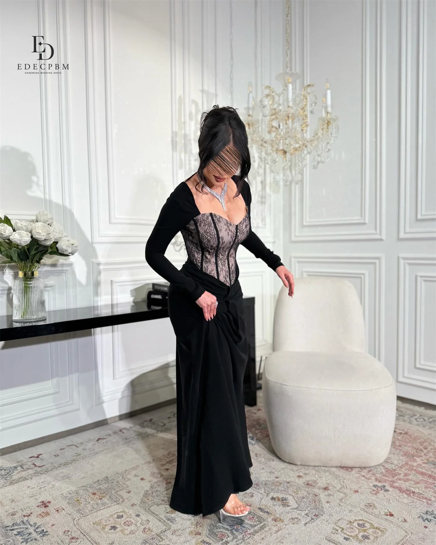 EDECPBM 맞춤형 우아한 여성 웨딩 파티 드레스 레이스 머메이드 프롬 드레스 이브닝 가운 블랙 갈라 드레스