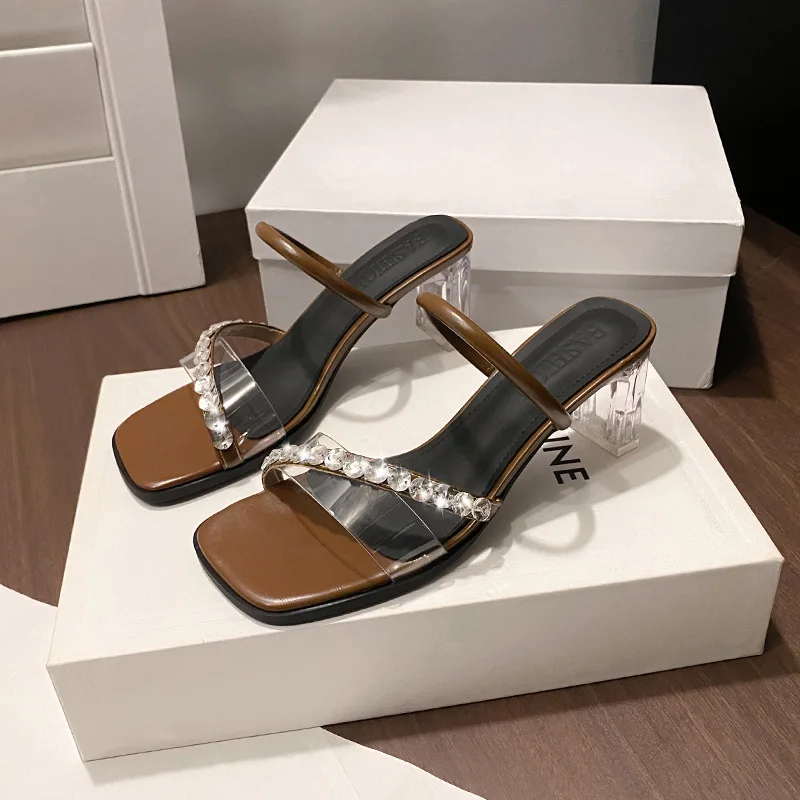 

Hot Selling Summer 2025 New Women's Square Head Sandals with Buckle Wear Thick Heel Commute Rhinestone High Heels Slides Shoes