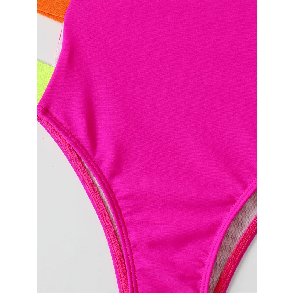 Color Block One-piece Swimsuit 2023 Women Neon Bandage Bikini High Waist Hollow Out Swimwear Rose Red Slim Backless Monokini