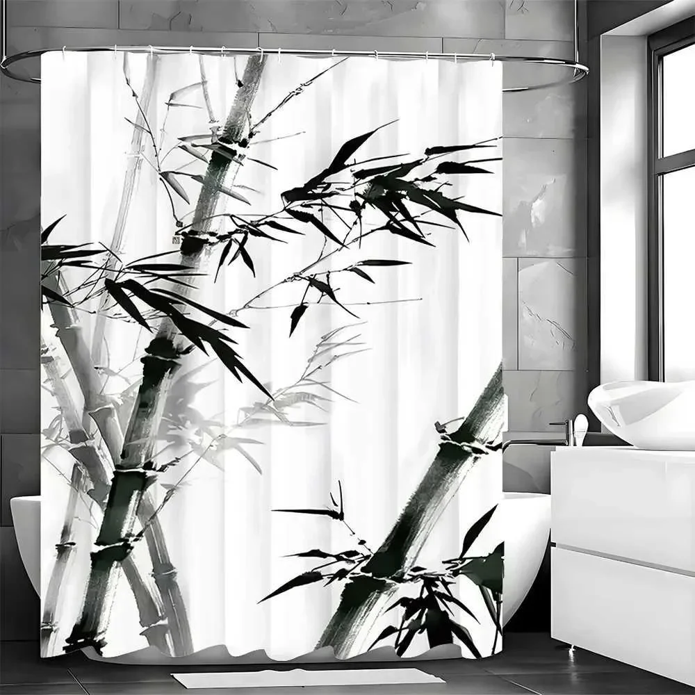 

Black and White Ink Bamboo Print Shower Curtain, Waterproof Polyester Bathroom Curtain with Hooks for Zen Decor