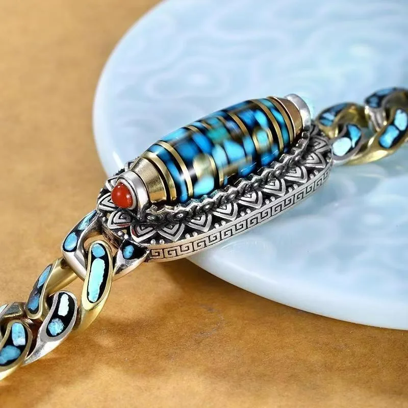 Luxury Turquoise 9-Eye Dzi Bead Bracelet, Six Syllable Mantra, Lucky Silver Chain for Trendsetters