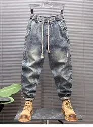 Trousers Cargo Light Blue Jeans For Men Cropped Male Cowboy Pants Harem Designer Patchwork Streetwear American korean Fashion