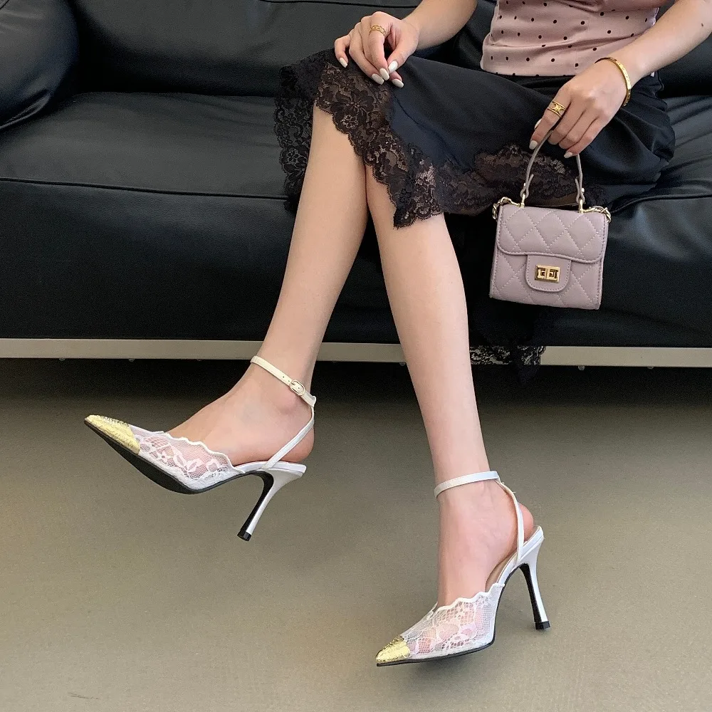 Aneikeh Elegant White Lace Slingback Stiletto Heels Pointed Toe Ankle Strap Buckle Sandals Wedding Party Ladies Dress Pumps