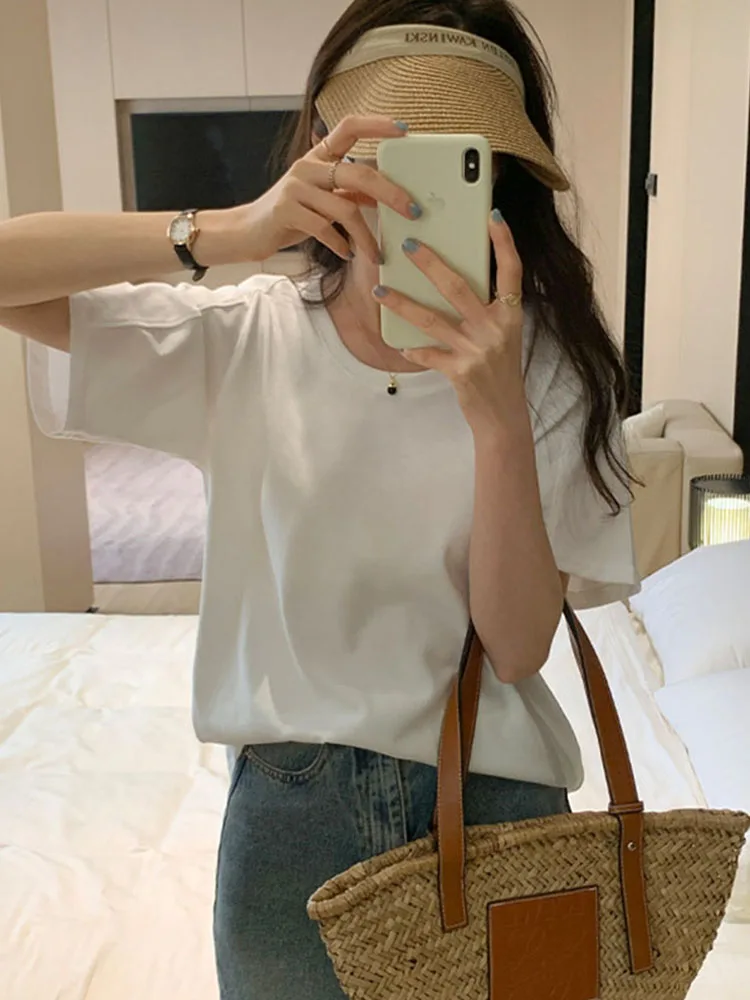 Summer New Solid Color Slim Women's T-shirt I Casual T-shirt Woman Grey Apricot Purple Red White O-Neck Chic Top