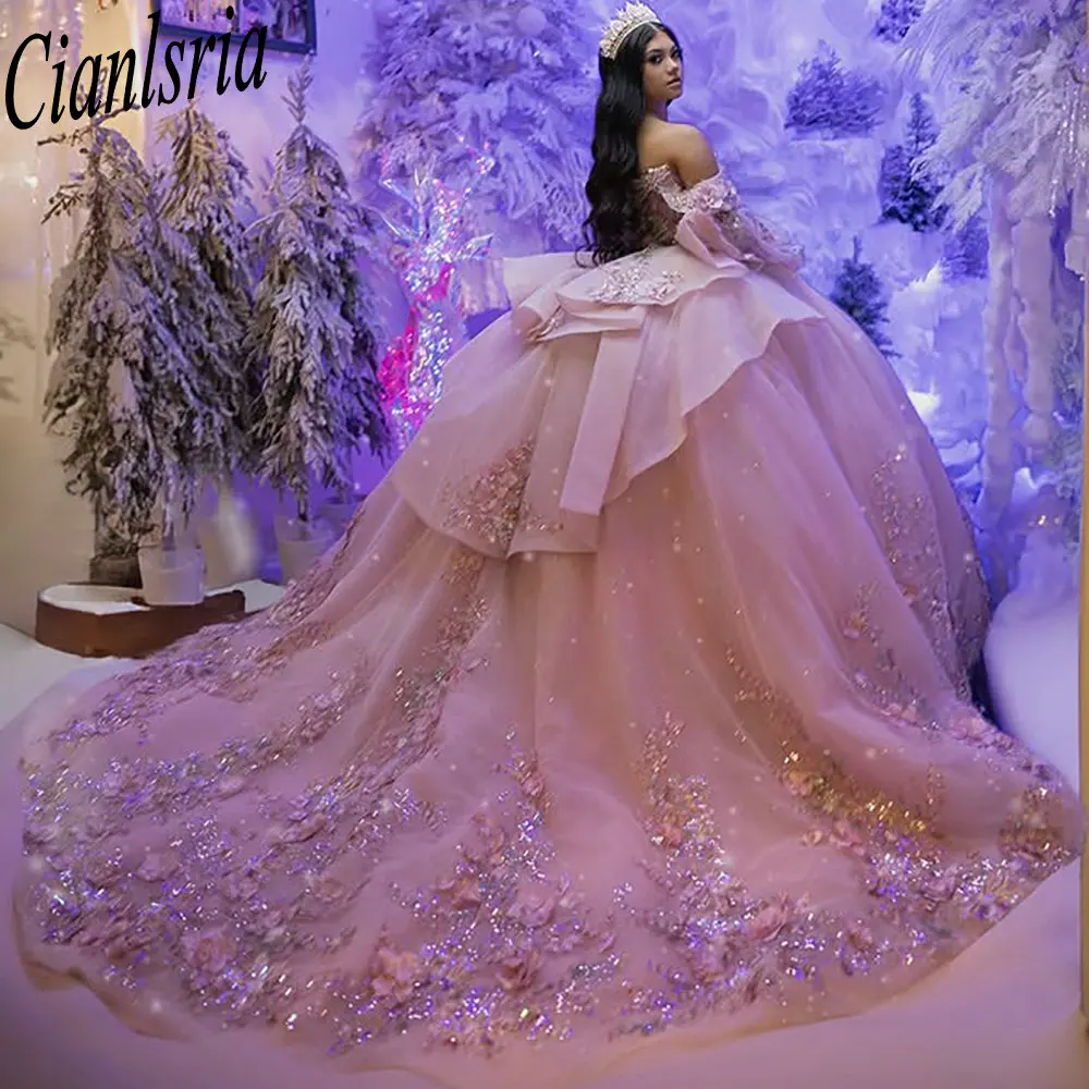 

Pink Long Sleeve Ruffles Quinceanera Dresses Ball Gown 3D Flowers Sequined Appliques Lace Sweet 15 Años Mexican Customized