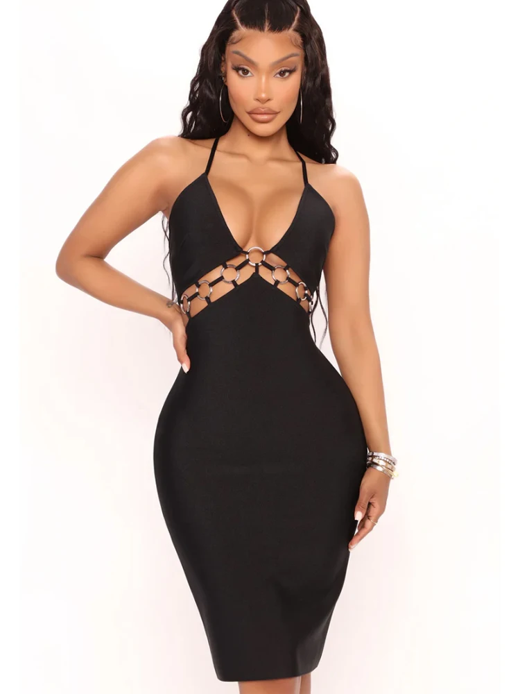 Sexy schwarzes ärmelloses Midi-Verbandskleid mit tiefem V-Ausschnitt, Nachtclubs, Cocktail-Events, Abendkleider, figurbetonte, rückenfreie Ballkleider