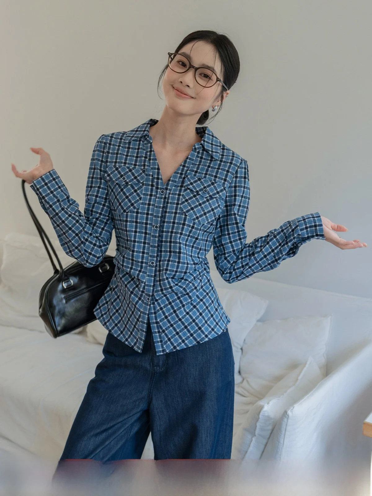 

Синее клетчатое длинное платье-рубашка с V-образным вырезом и приталенным силуэтом для женщин, осеннее, новое, для повседневной носки, из легкой в уходе ткани