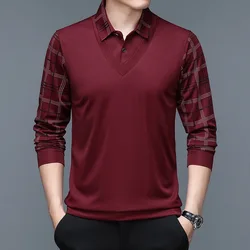 Spring Autumn Men's Pullover Turn-down Collar Solid Plaid Panel Striped Long Sleeve T-shirt Polo Bottom Casual Formal Tops