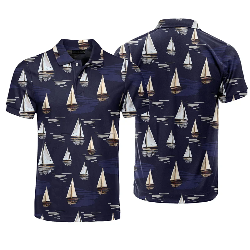 Funny 3D Cute Sailboat Printing Polo Shirt For Men 2025 Fashion Anime Boat Graphic  POLO Shirts Oversized Loose Blouses T Shirts