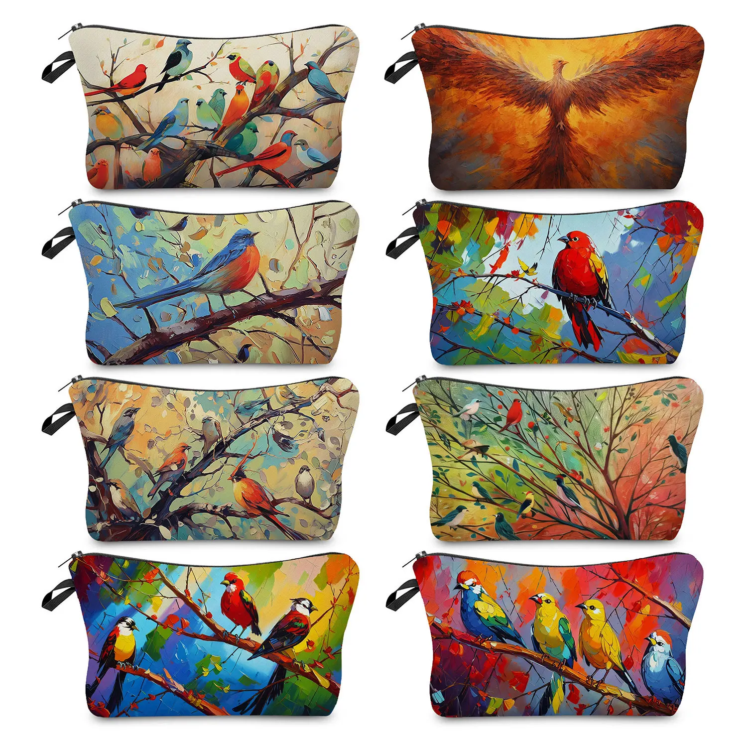 Cute Cartoon Oil Painting Birds Print Makeup Bags Outdoor Travel Portable Wash Bag Double Sided Women Cosmetic Bags Storage Bags