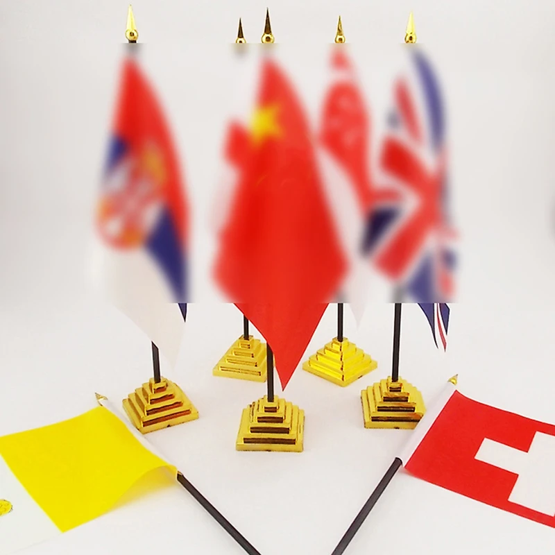 Table Flag Office Desk Banner Including Flagpole Base Flag Size 10Pcs/set Gold-Plated Plastic Base Round Flag Holders 5.5*3.5cm