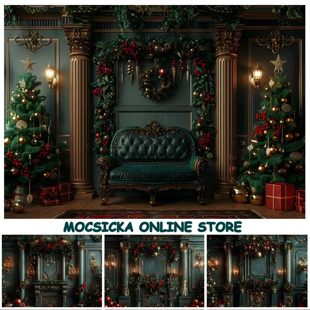 

Mocsicka Christmas Background Vintage Wall Xmas Tree Garland Indoor Kids Adult Portrait Photography Backdrops Photo Studio Props