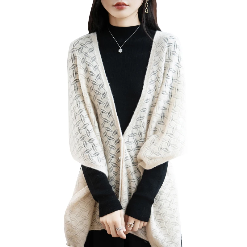 

Tippet Half Sleeve Sweater 100% Merino Wool Women Knitwear Elegant Hollow Out Soft Knitwear Korean Fashion Clothing