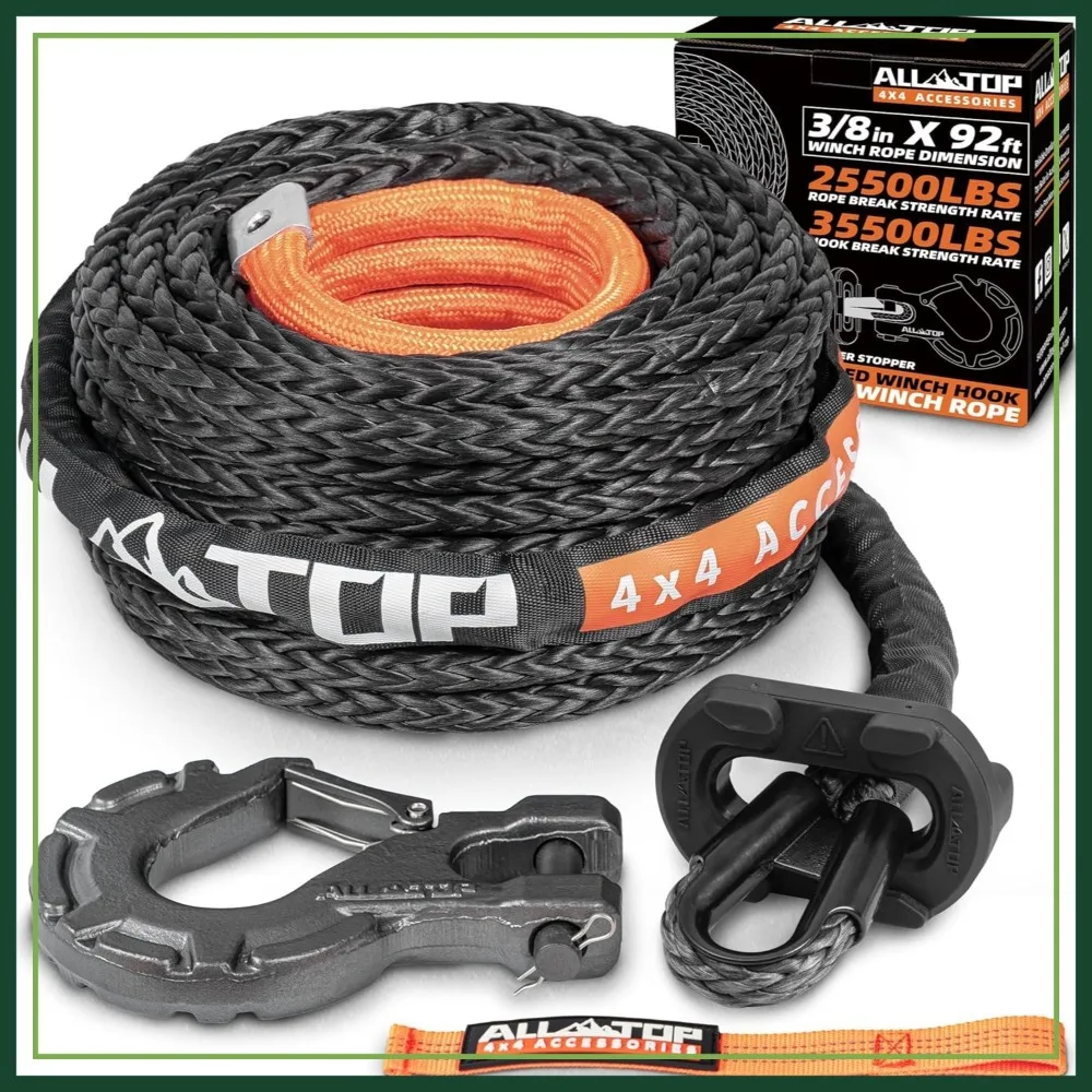 

3/8in x 92ft Synthetic Winch Rope, 25500Lbs UHMWPE Cable Replacement with Forged Hook & Rubber Stopper