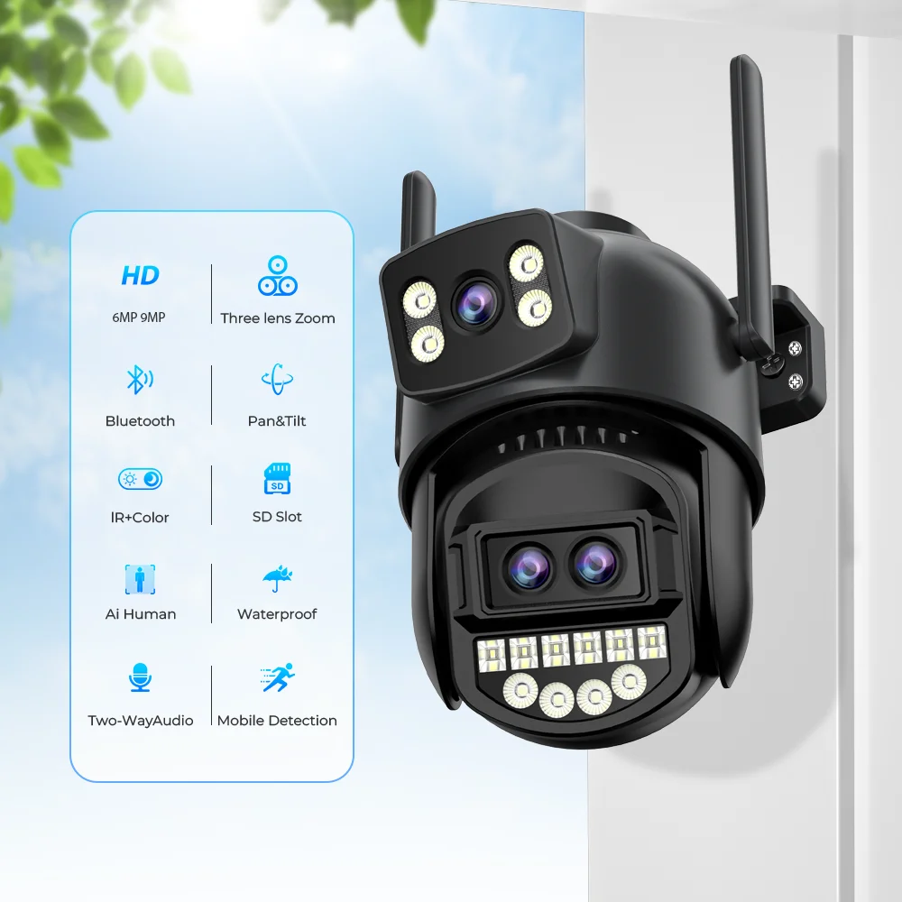 BESDER 9MP Dual Screen Wifi Camera PTZ 8X Digital Zoom Color Night Vision Outdoor Security Protection 8MP CCTV IP Camera iCSee