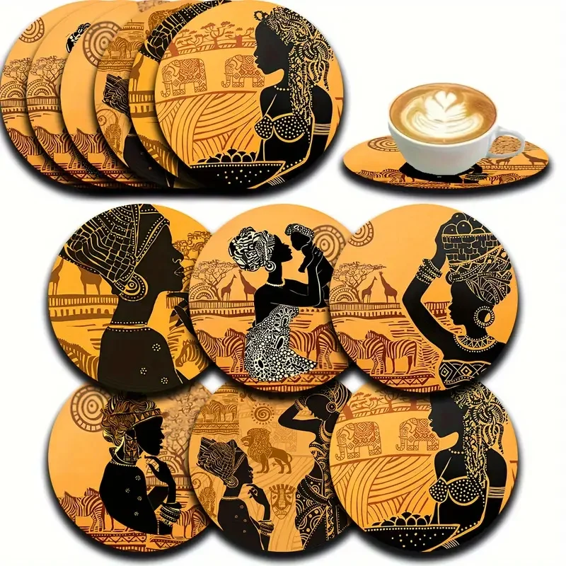 6 Sets of Artistic Character Pattern Painted Wooden Anti-Slip Coasters, Suitable for Decoration of Living Room Kitchenware