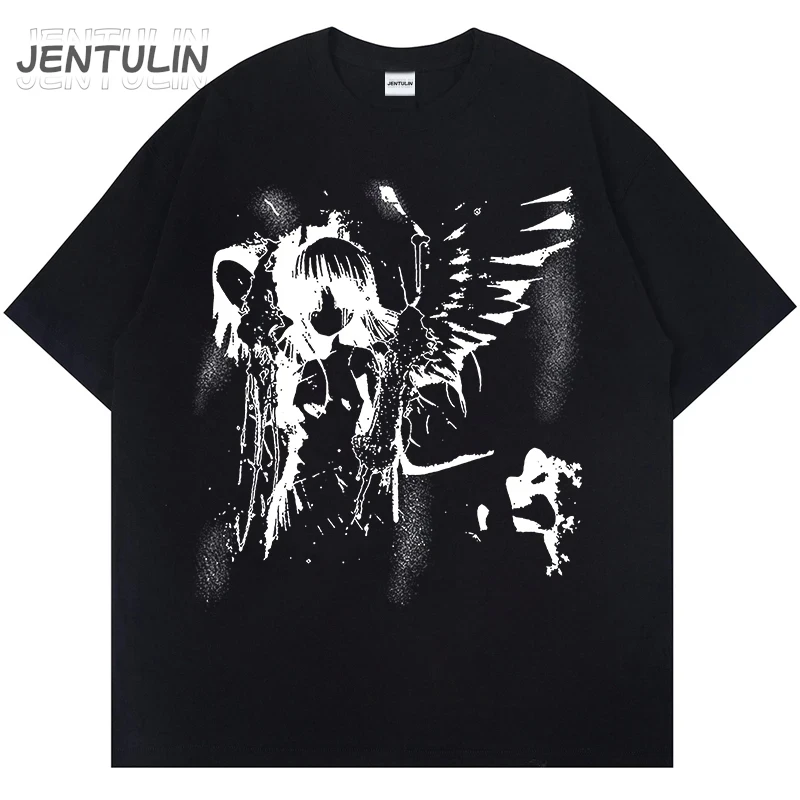 Harajuku Goth Men Japanese Anime Tshirt Cartoon Angel Wings Graphic T-Shirt 2024 Hipster Clothing Cotton Y2K Tops Streetwear Tee