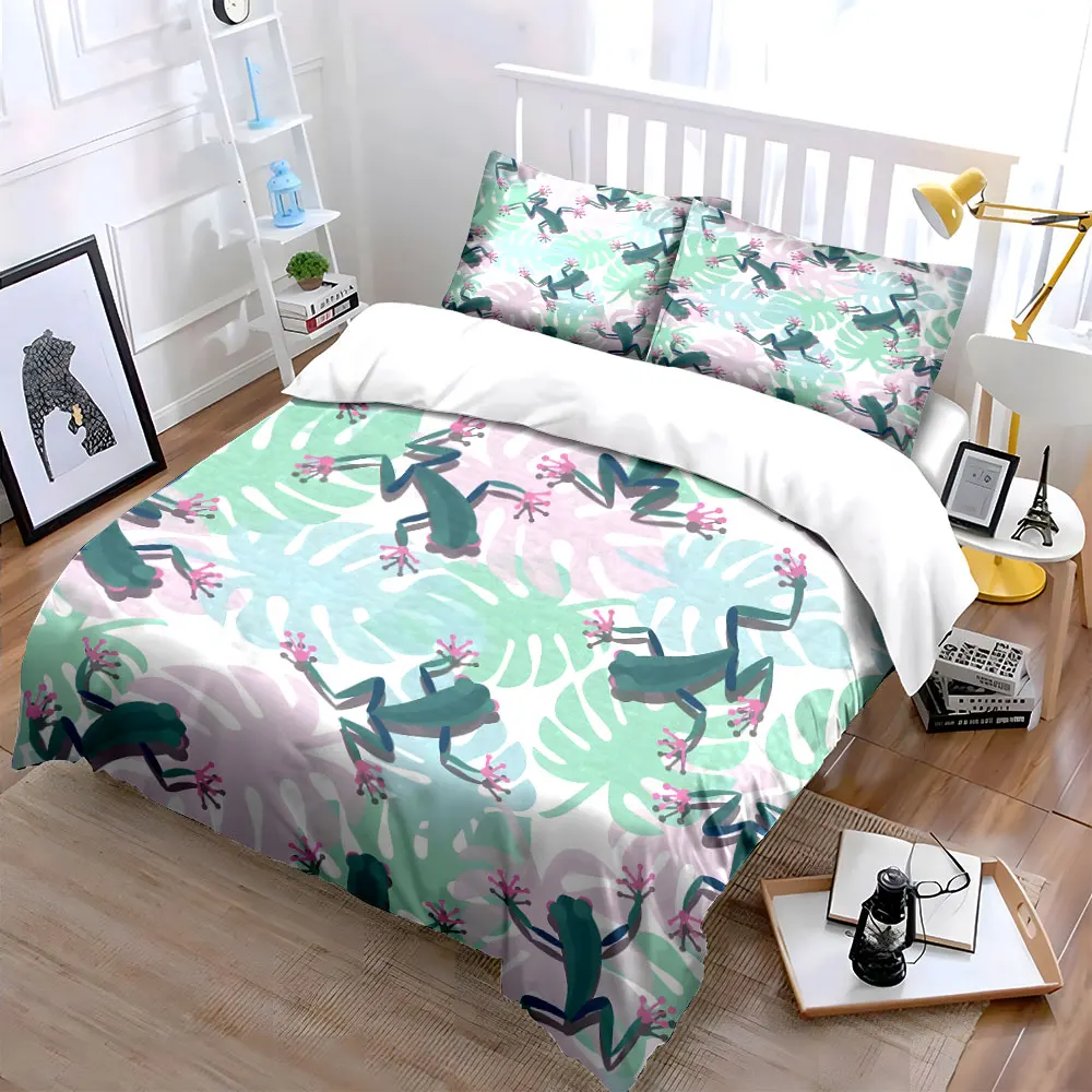 Frogs and Tropical Leaves Pattern Bedding Set for Kids Luxury Gift 3pcs Digital Print Comforter Set Soft Comfortable Breathable