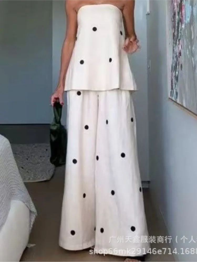 

Elegant Strap Top + Wide-leg Pants 2-piece Set For Women Fashion Summer Polka Dot Printing Loose Vintage Holiday Suits Female