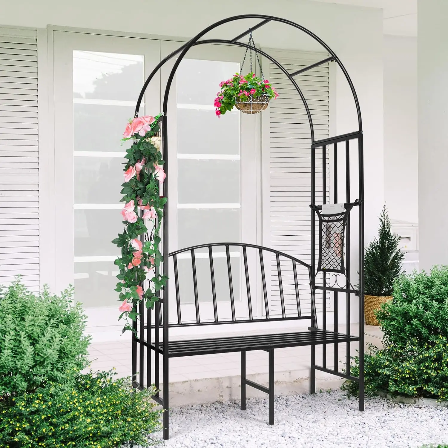 Metal Garden Arch Arbor with Built‑in Bench, Outdoor Trellis Loveseat for Backyard and Garden, Black