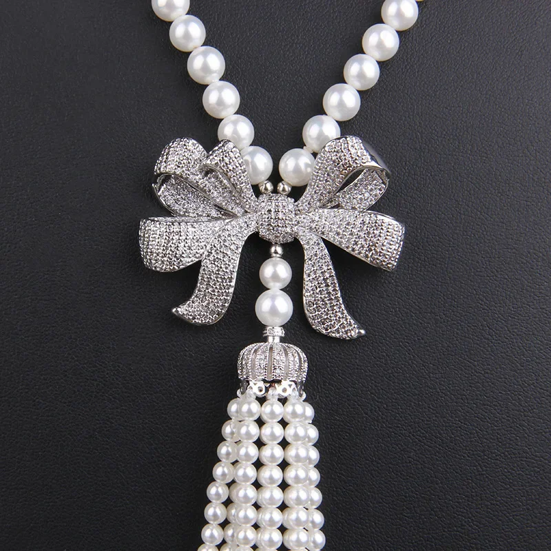 

white 8-9mm 32inch freshwater shell pearl luxury multilayer sweater chain necklace fine jewelry inlay zircon tassel long