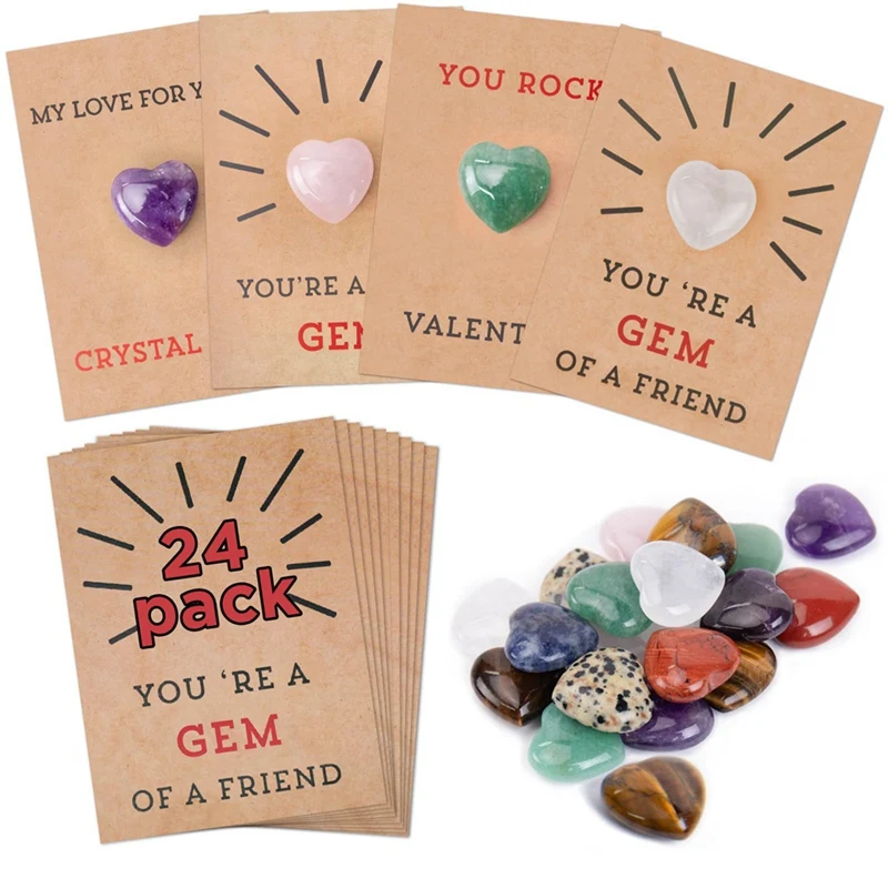 A013 Valentines Day Gifts for Kids - 24 Pack Valentines Cards with Heart-Shape Crystals - Valentine Gift Exchange