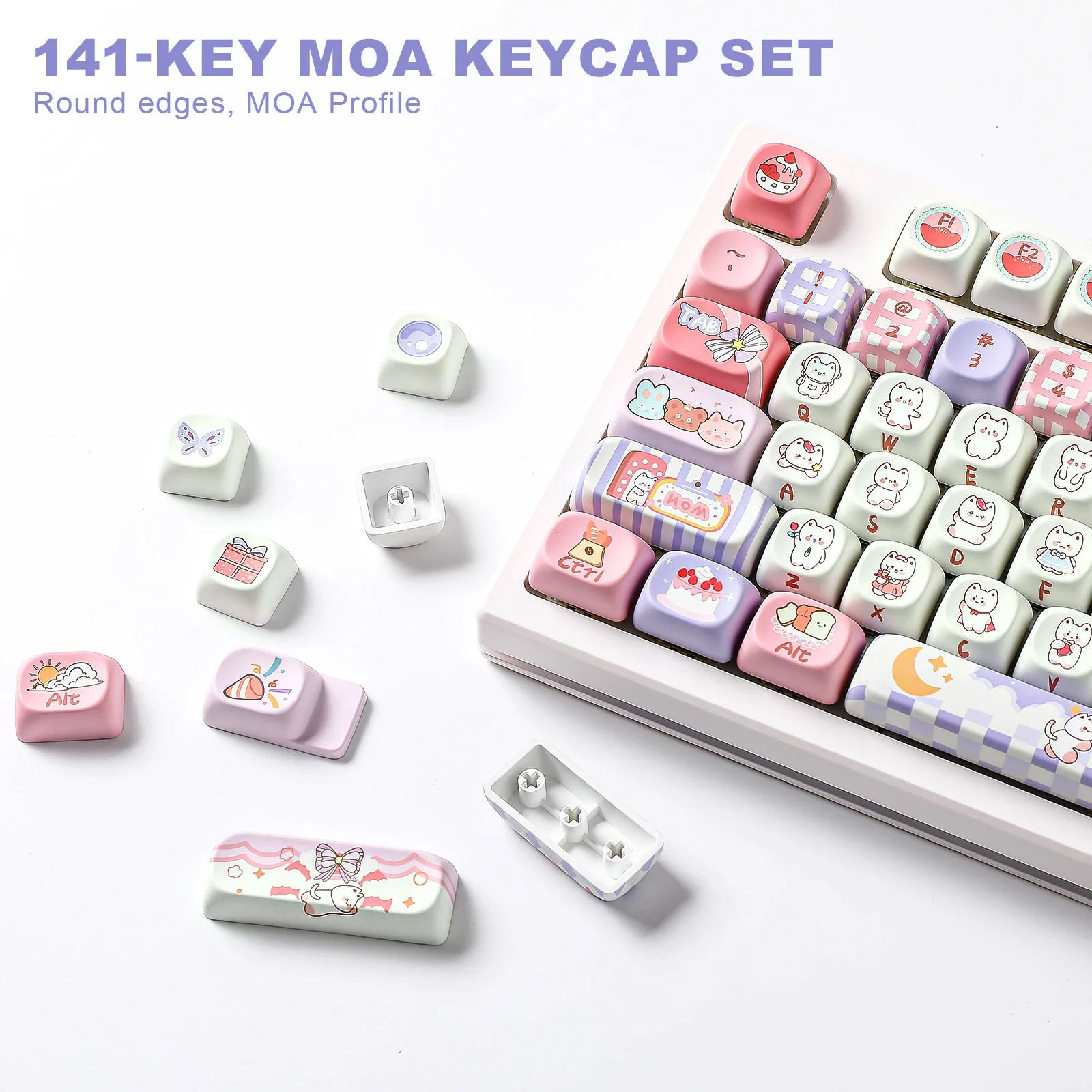 YUNZII Party Keycaps, MOA Profile Dye Sub PBT Keycap Set, Lovely 141 Full Keys for MX Switches Mechanical Gaming Keyboard