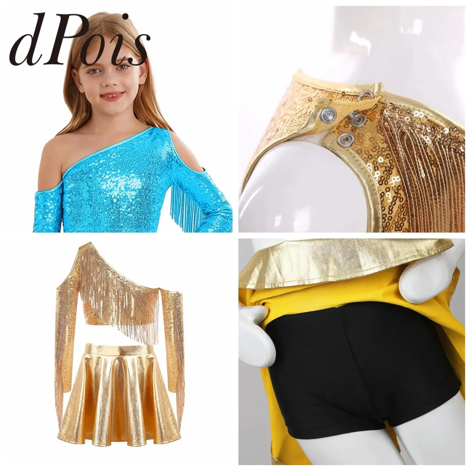 Fashion Girls Metallic Shiny Disco Dance Outfits Tassel Streetwear Children Sequined Jazz Dance Costume Stage Performance Suits