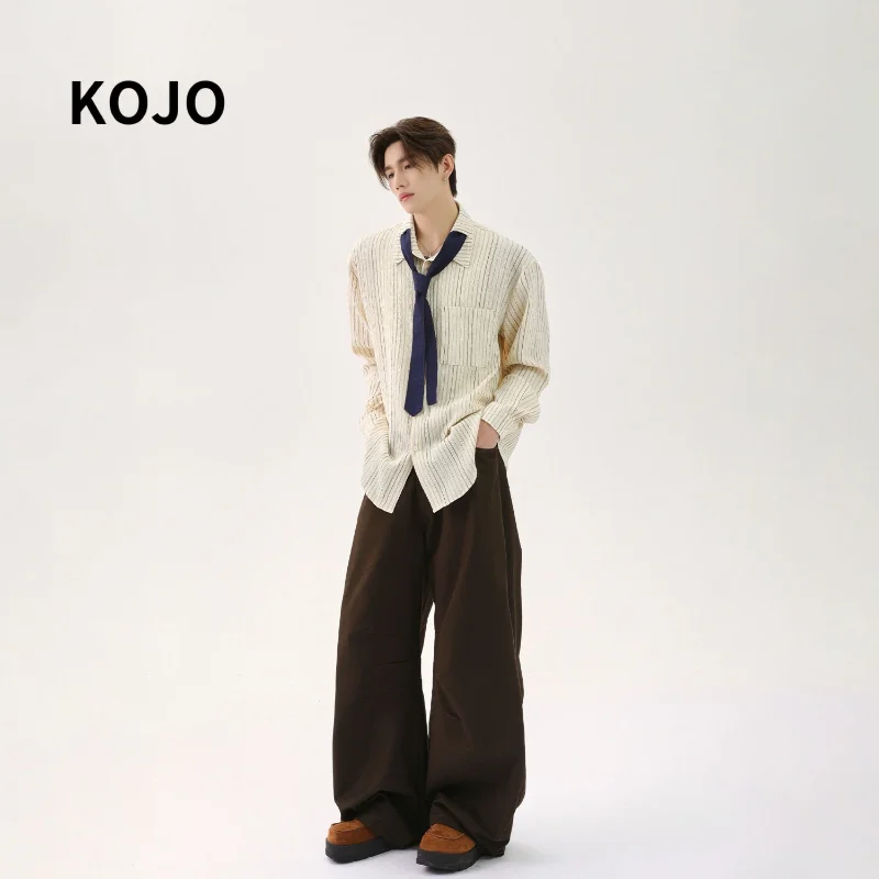 Free Tie American Retro Vertical Pattern Long-sleeved Shirt Tie Design Versatile Casual College Style Spring Autumn Tops for Men
