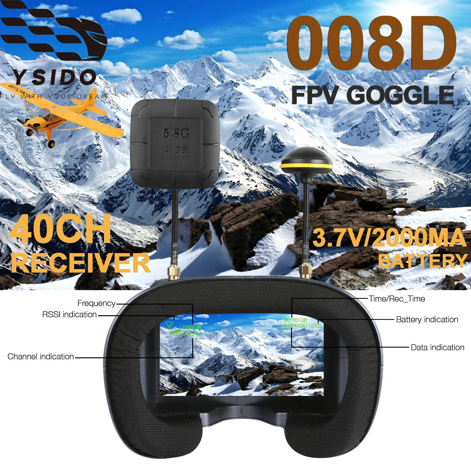 

5.8GHz 40CH Receiver 008D FPV Goggle 4.3 inch HD LCD 16:9 Buit-in 3.7V/2000mA battery for RC Racing Drone Micro BWhoop Drone