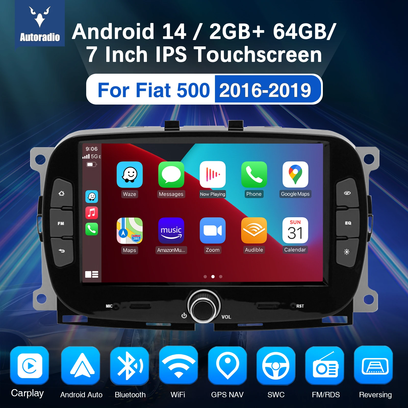 

ESSGOO 7'' Android Car Radio For Fiat 500 2016-2019 2Din Multimedia Video Player 2+64G Carplay Android Auto WIFI BT Car Stereo