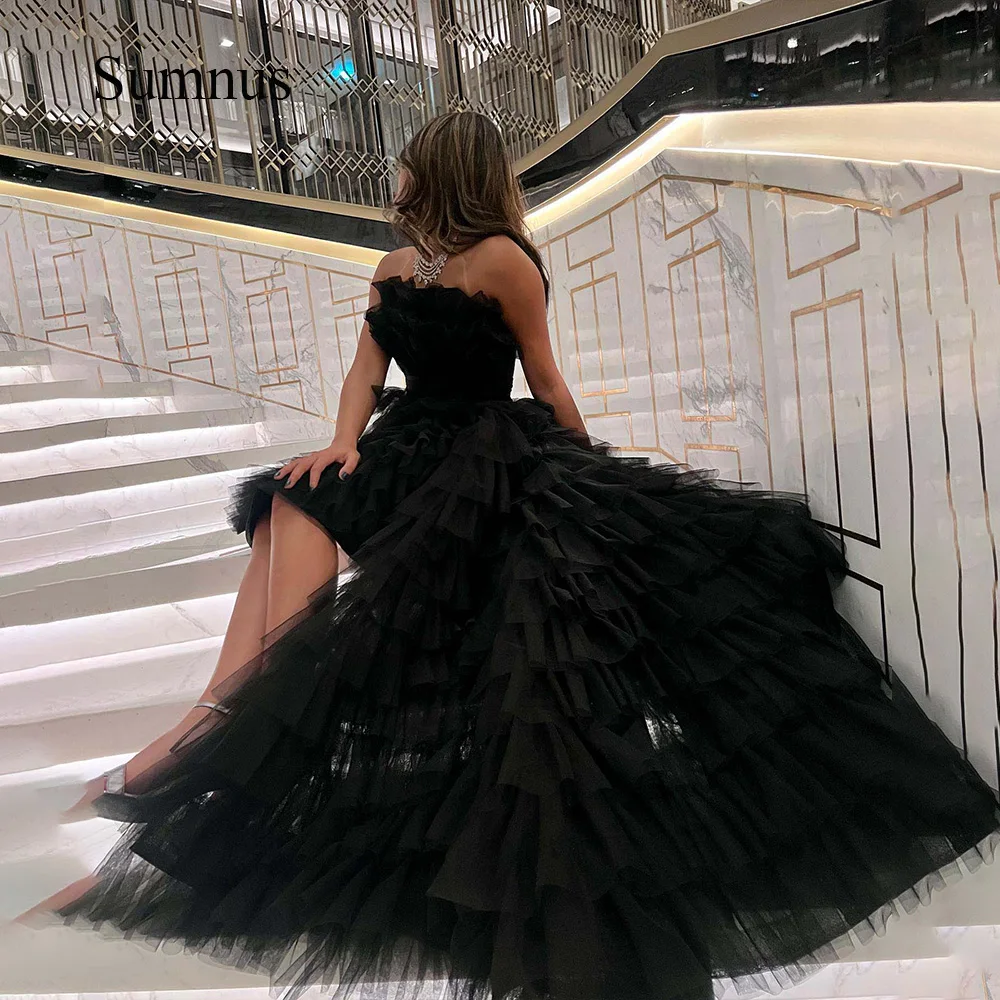 

Sumnus Black Tiered Tulle A Line Prom Party Dresses Strapless High Low Graduation Event Dress Detachable Train Long Party Gowns