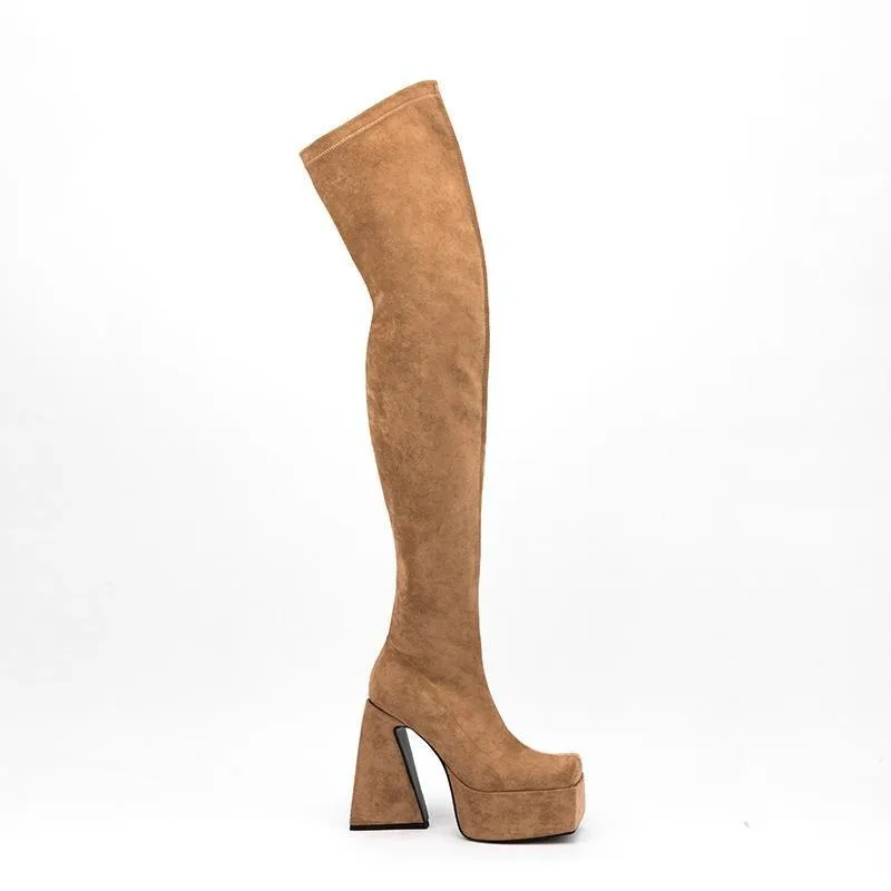 11CM Super High Heel Over The Knee Boots Elastic Boots Fashion Women's Large Size 40-46 Square Head Leisure Sewing Women's Shoes