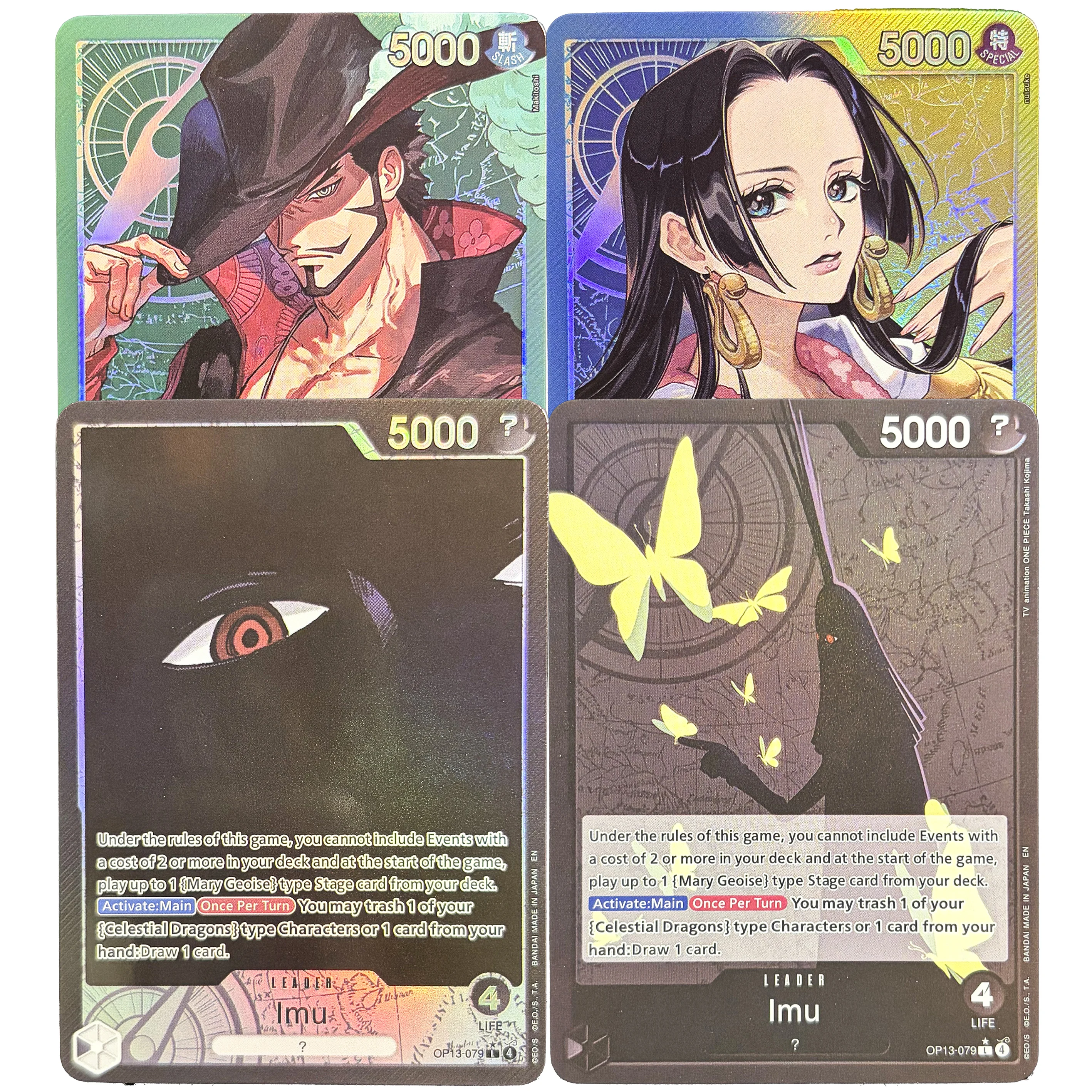 

One Piece TCG Premium Leader Proxy Cards Set Imu/Mihawk Alternate Art Holographic Foil Cards Deck Building Trading Card Game Toy