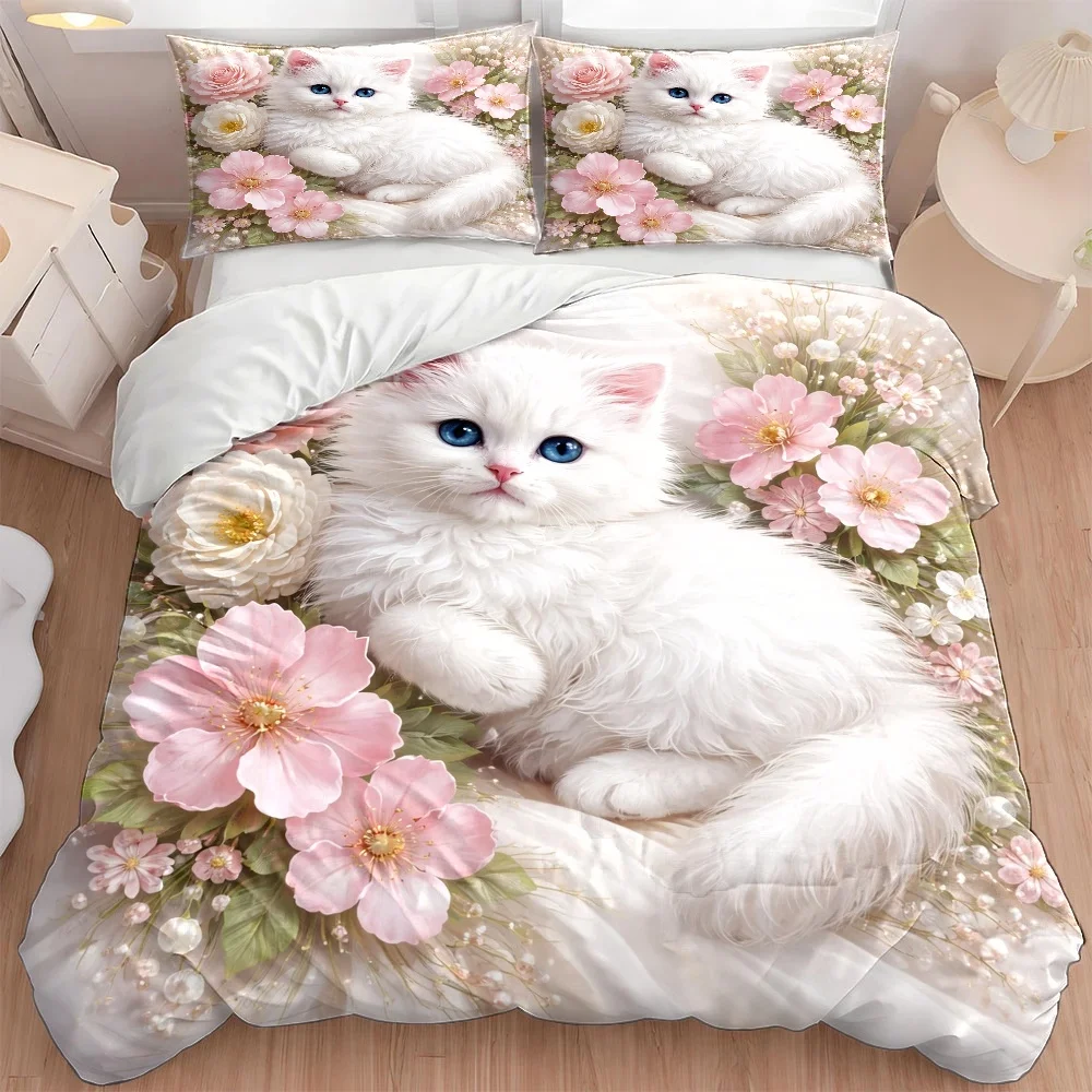 3Pc Cute Cat Floral Duvet Cover Set Machine Washable Invisible Zipper Bedding Set for Home Dorm Bedroom Soft Skin Friendly