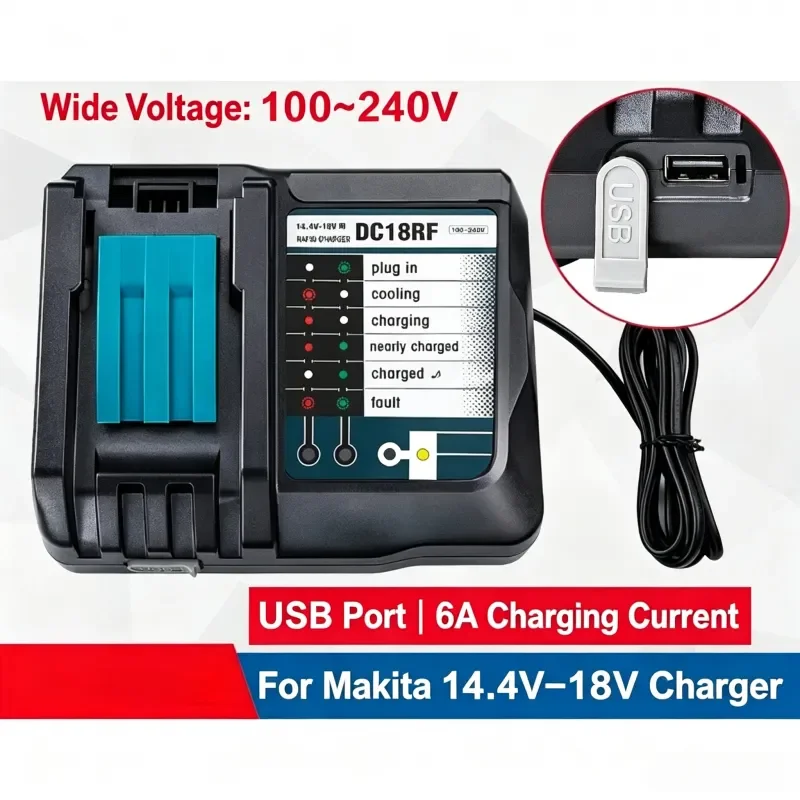 6A Rechargeable Lithium‑ion Battery Charger DC18RF For Makita 14.4V‑18V With USB Port