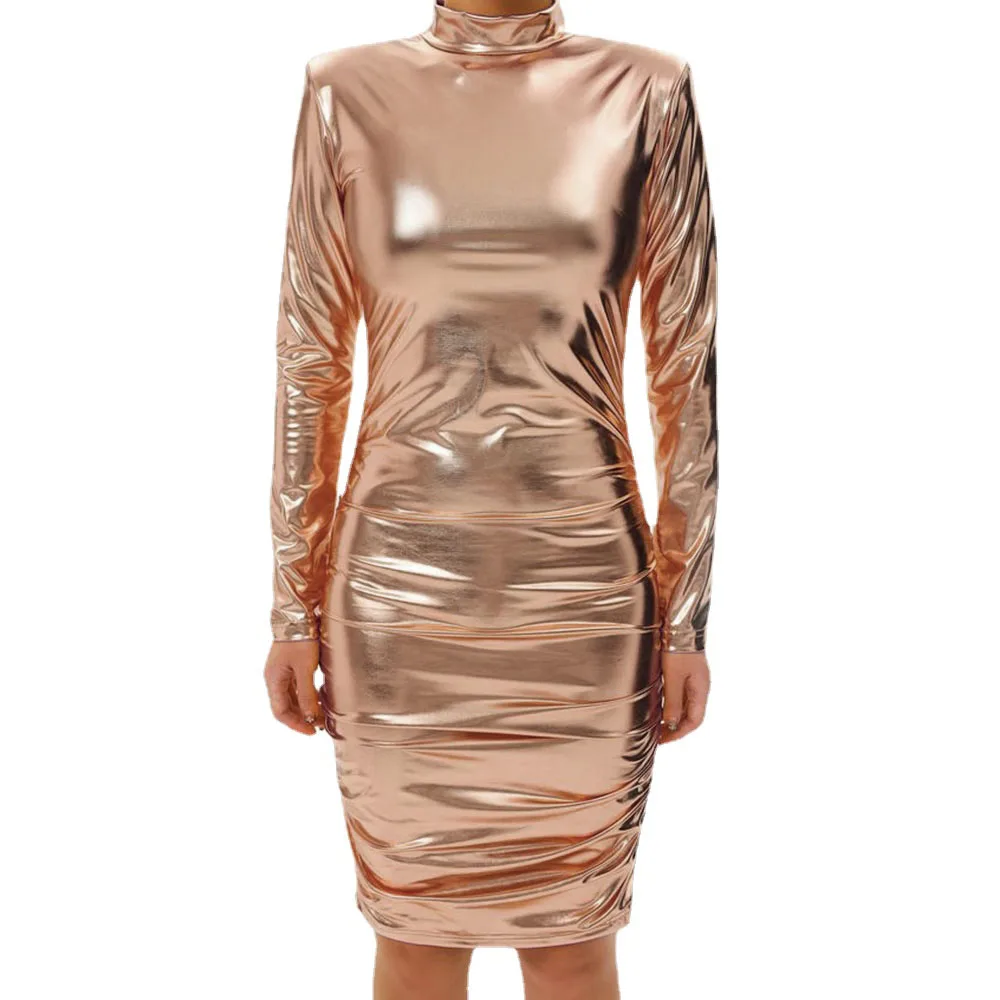 Women's Turtleneck Metallic Shiny Bodycon Dress, Long Sleeve, Vinyl Strecth, Knee-Length, Dress,Cocktail Party,Sexy Club Outfits